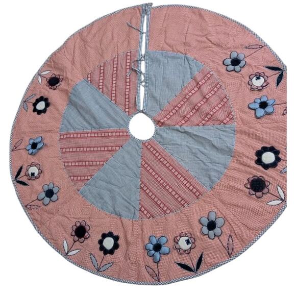Vtg Quilted Patchwork Christmas Tree Skirt Red White Blue Gingham Country USA - Picture 1 of 11